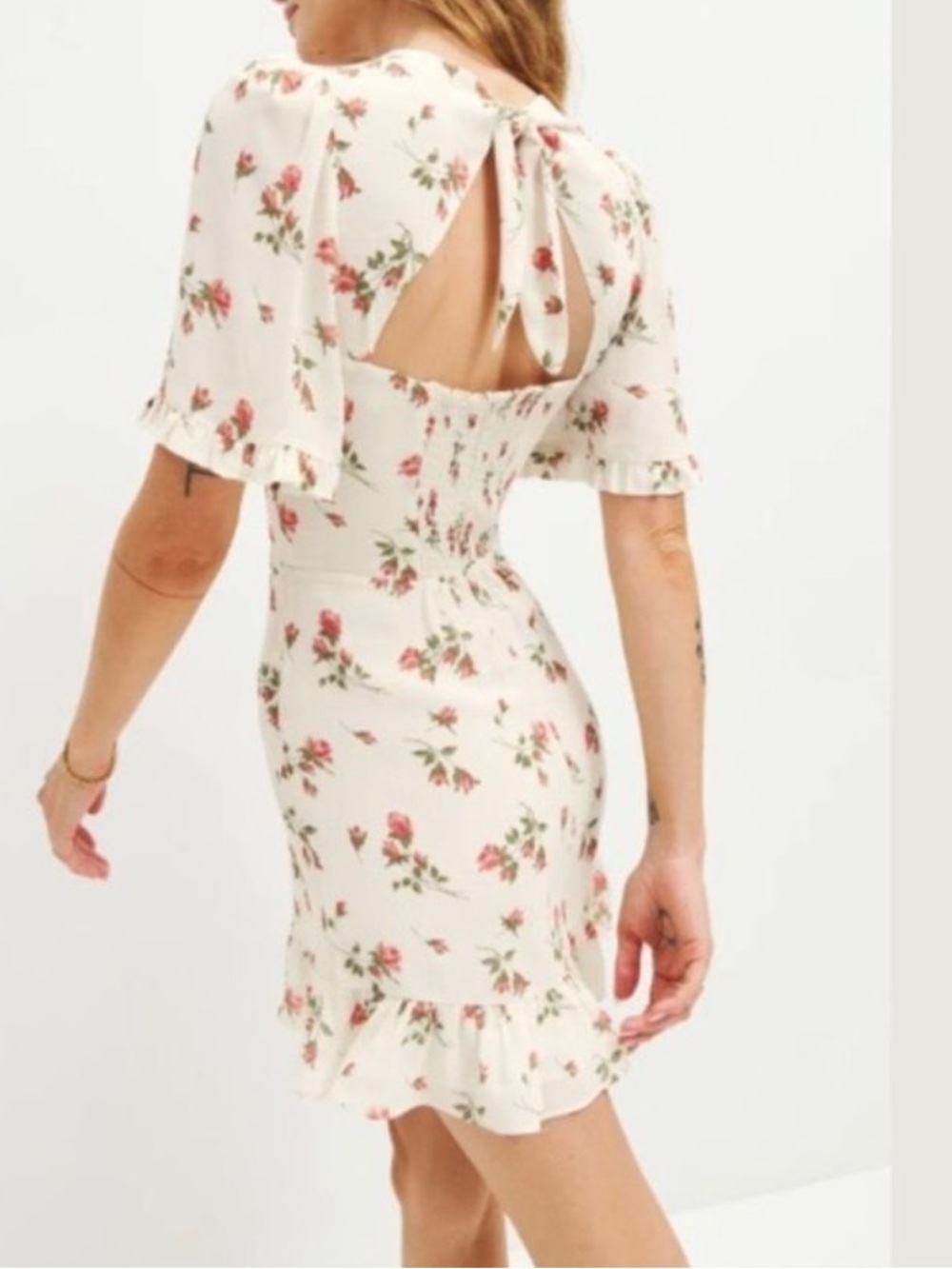 Reformation Alaina Rose Floral Cutout Flutter Sleeve Mini Dress Florence Cream 2